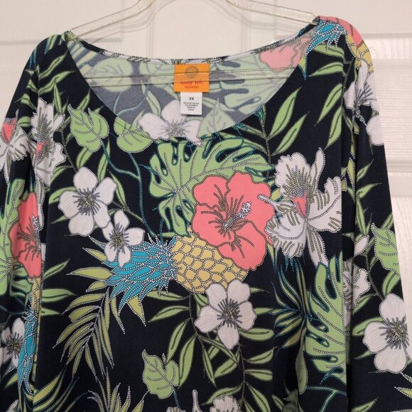 Ruby Rd Floral Shirt Womens Size 3X Blue Stretch Tropical Casual Tiered Sleeves - Picture 2 of 10